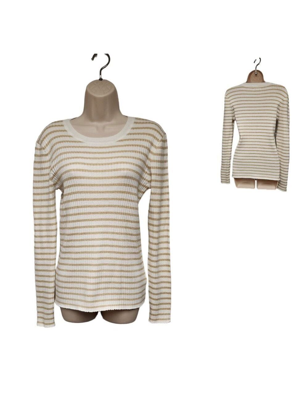 Nine West Womens Striped White/Gold Stretch Long Sleeve Sweater Size Large